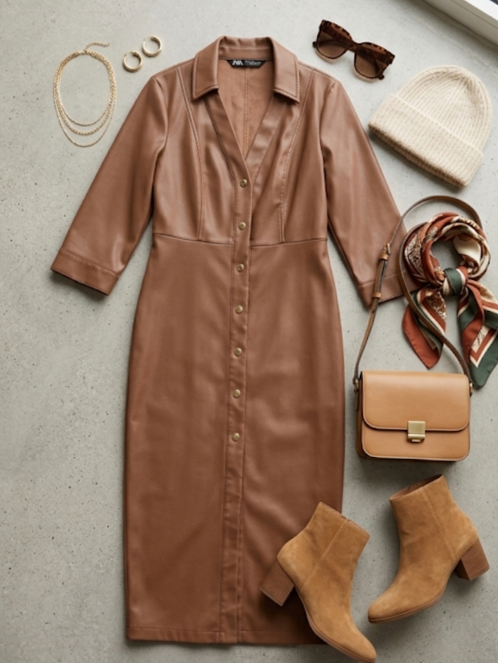 🤎EUC Zara Brown Faux Leather Midi Dress with Belt, XS